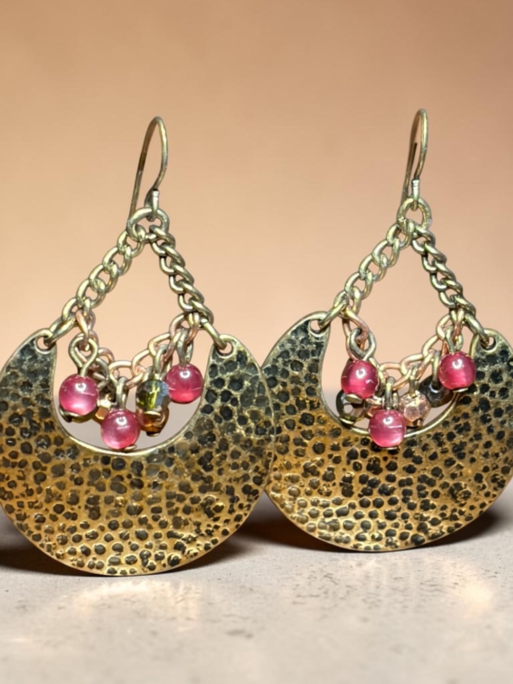 Goho-style Artisan Ammered Brass-like Crescent Drop/Dangle Earrings